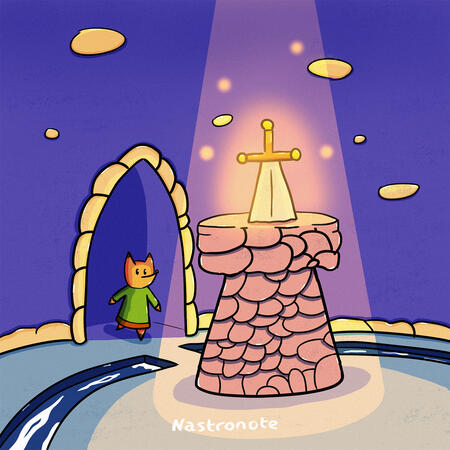 Le petit renard rentre dans une salle. Une épée est plantée dans un socle au milieu.