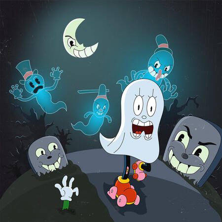 Un fantôme en patins se fait poursuivre par 3 fantômes dans un cimetière.